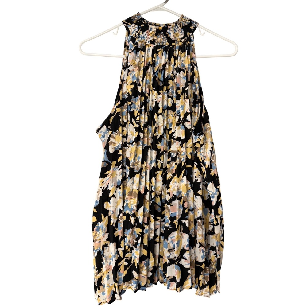 Tahari Womens Floral Smocked High Neck Halter Top Sleeveless Blouse Black Large